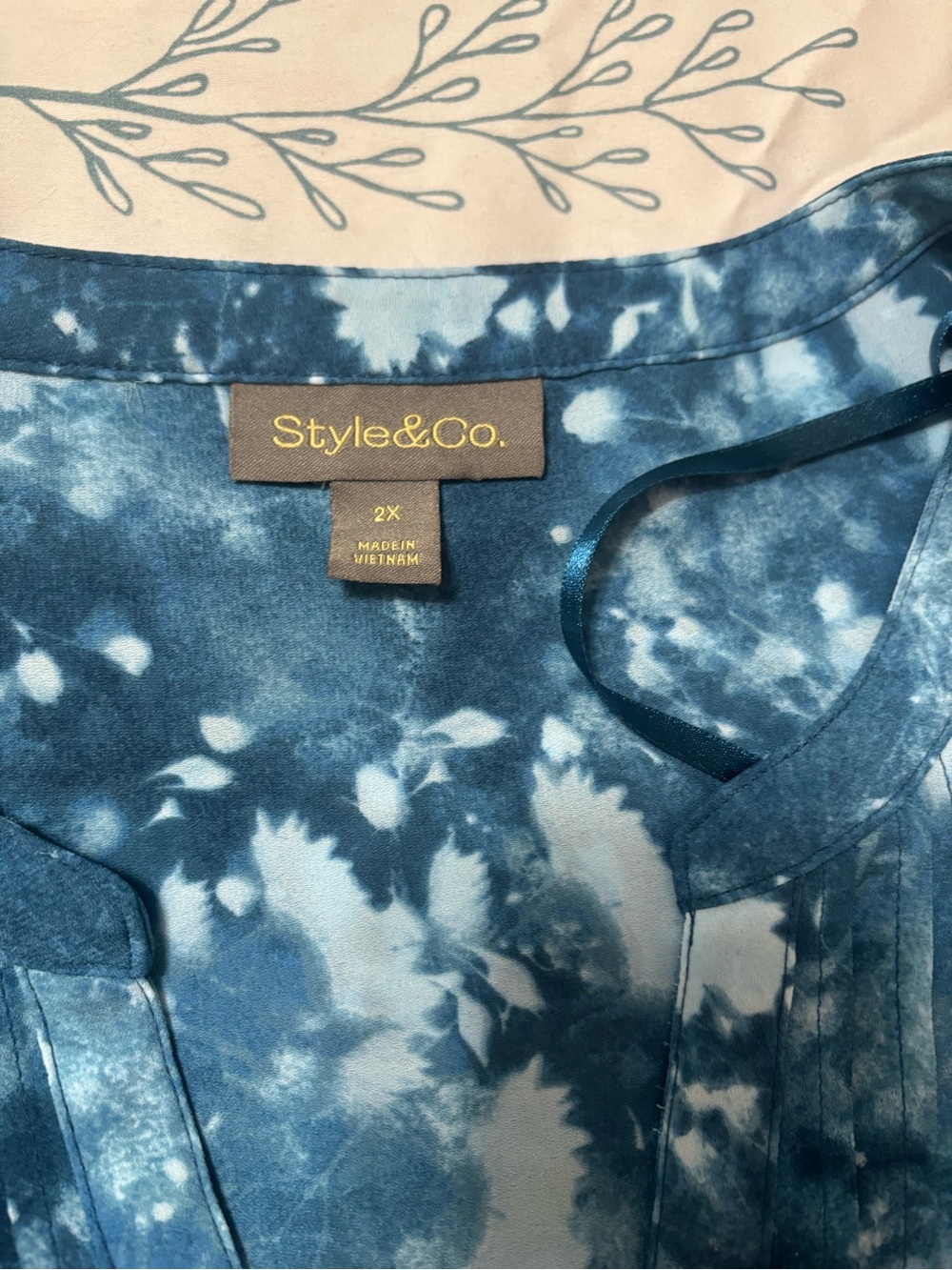 Style & Co.Teal and White Tie-Dye Pintuck Blouse